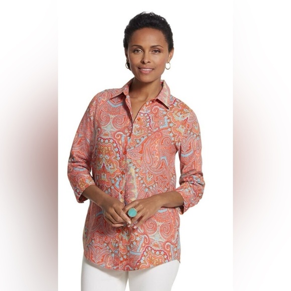 CHICO'S "Sina"  Effortless Linen 3/4 SLV Paisley Print Hi-Lo Button Dow Top L/12 - Picture 1 of 16